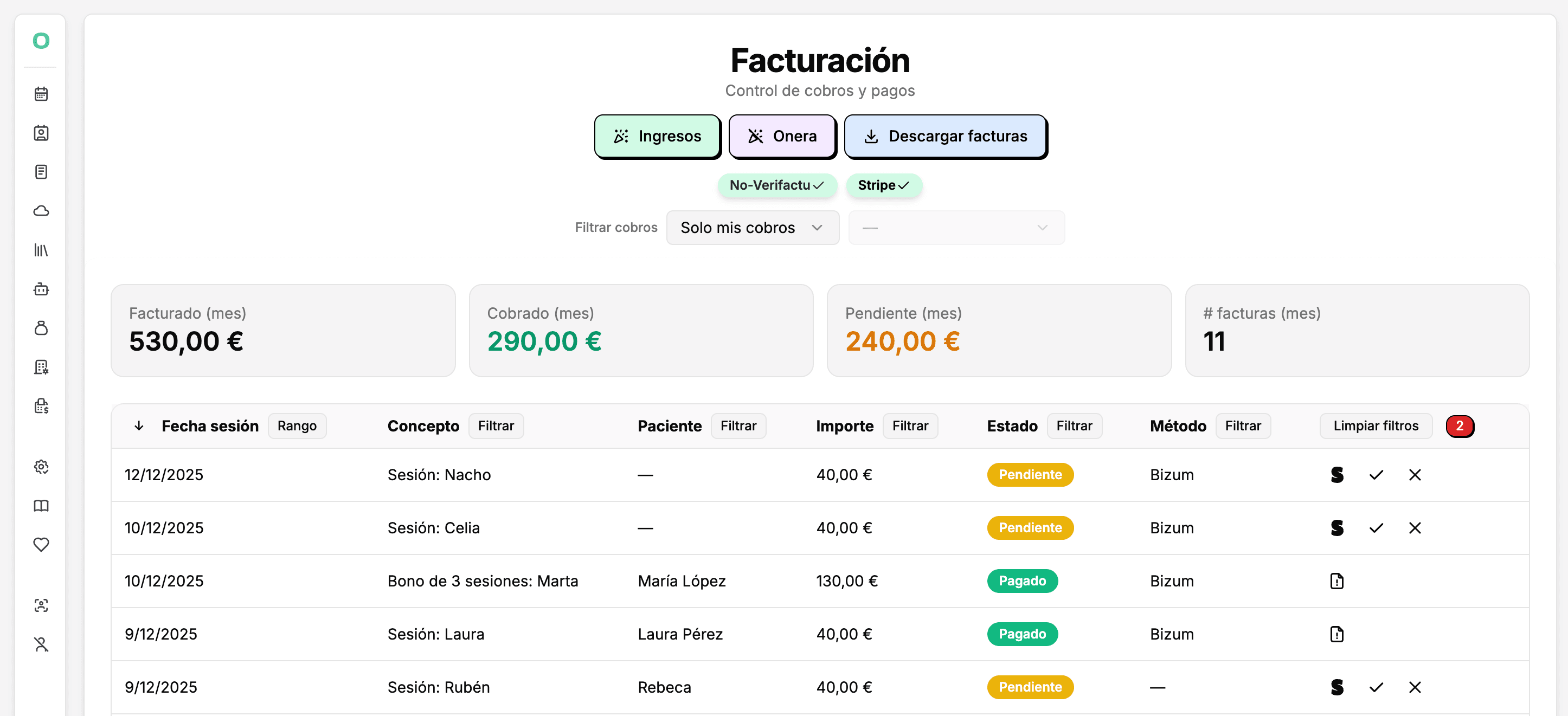 Facturación dentro del software de gestión para psicólogas Onera
